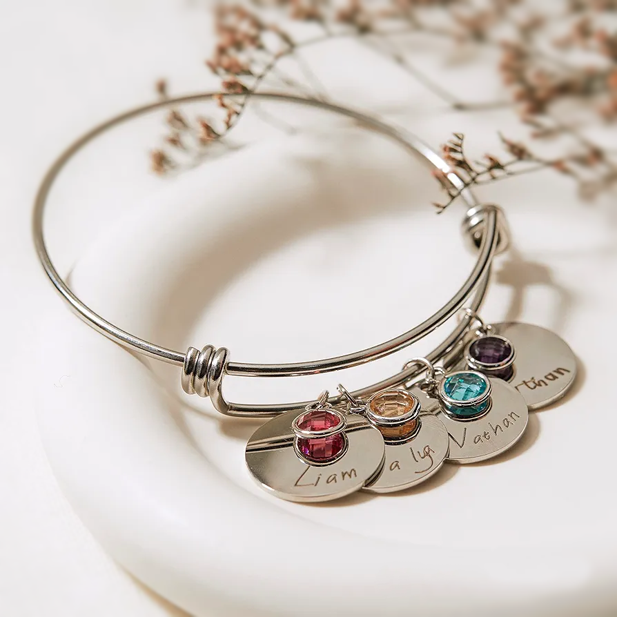 Personalized Engraved Name Bracelet With Birthstone Charms #0027