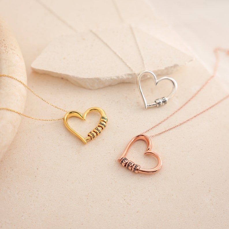 Personalized Heart Pendant With Bead Engraved Name Necklace #0018